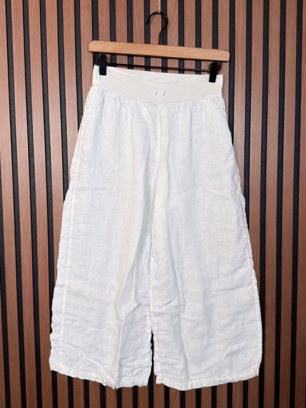 FLAX Pants Petite P Womens White Wide Leg 100% Linen w Stretch Waist Trim